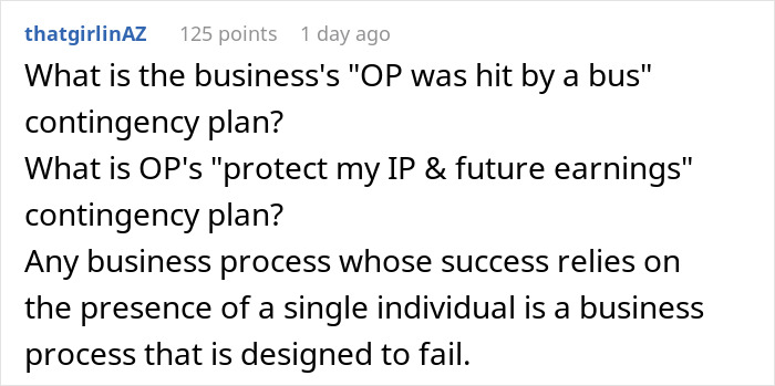 Screenshot of a Reddit comment discussing business contingency plans and risks of relying on a single individual's knowledge.