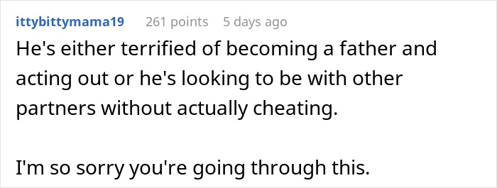 Forum post discussing a husband telling his pregnant wife he loves her but isn&rsquo;t in love, causing tension before marriage.