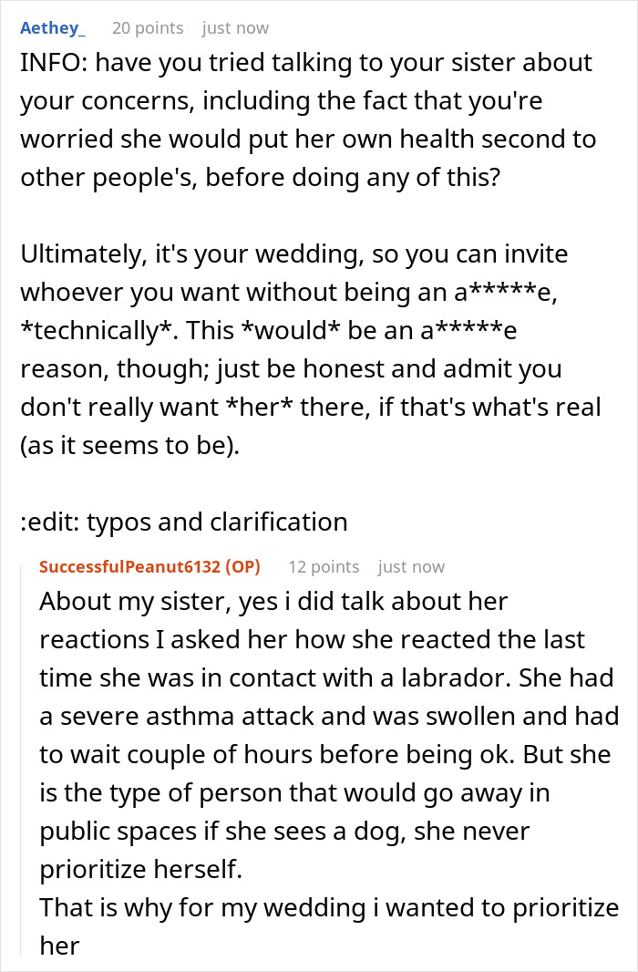 Reddit conversation discussing bride refusing sister-in-law’s service dog at her wedding due to health concerns. Reddit conversation discussing bride refusing sister-in-law’s service dog at her wedding due to health concerns.