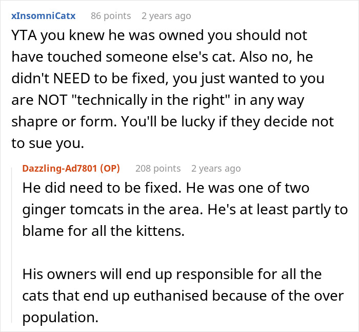 Reddit users debate neutering cat owners drama, discussing responsibility and the consequences of fixing or not fixing cats.