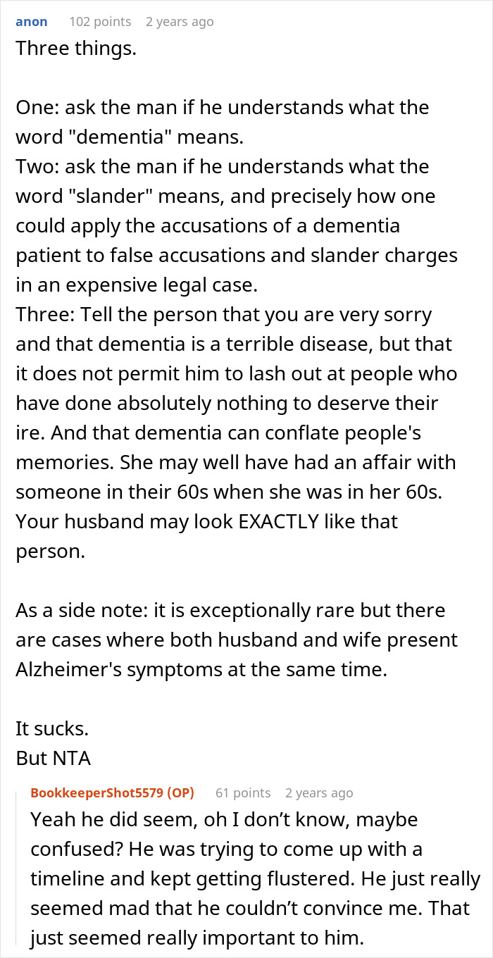 Text discussion about elderly neighbor's false affair claim, addressing dementia and slander in a couple confrontation scenario.