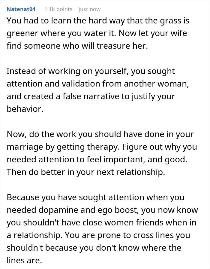 Comment discussing a man&rsquo;s guilt after online affair that sabotaged marriage, advising therapy and self-reflection.