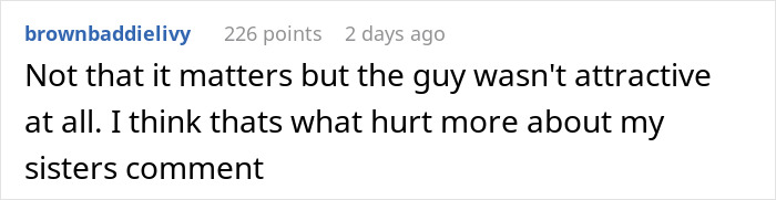 Screenshot of a social media comment discussing sister-boyfriend relationship drama and personal feelings about attractiveness.