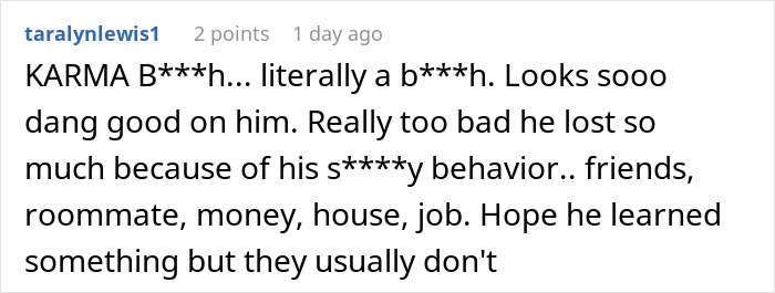 Screenshot of a social media comment about a guy telling his roommate to move out and regretting it over mortgage struggles.