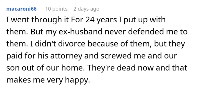 Comment expressing frustration about inlaws pushing boundaries during divorce affecting family and home stability.