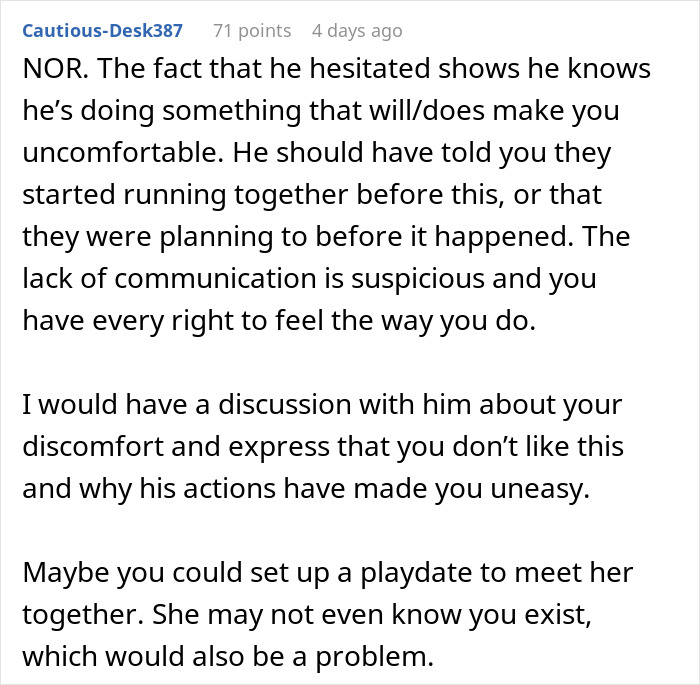 Woman questions boundaries after husband goes running with divorced mom, feeling uncomfortable and concerned about communication.