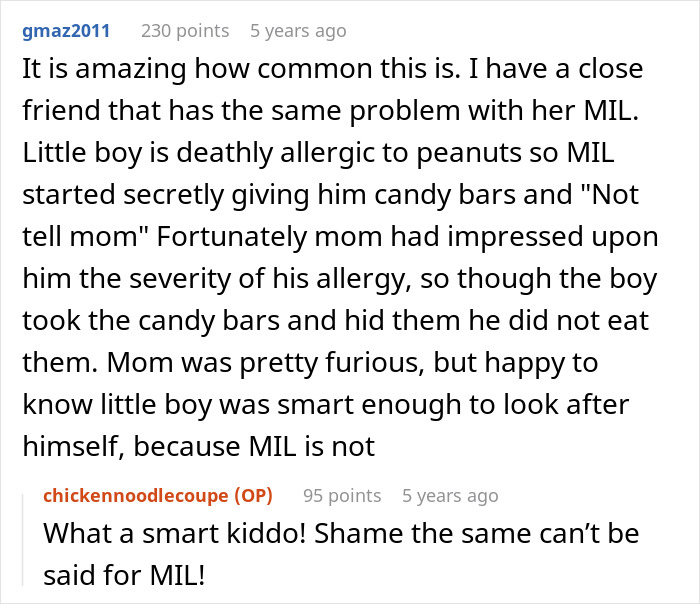 Comment describing a mother-in-law ignoring a child's severe allergy, leading to danger and ER visit.