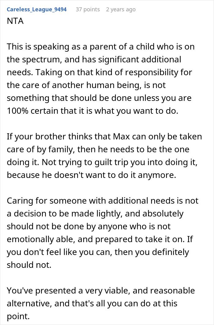 Reddit comment discussing the challenges and responsibilities in caring for an autistic sibling with additional needs.