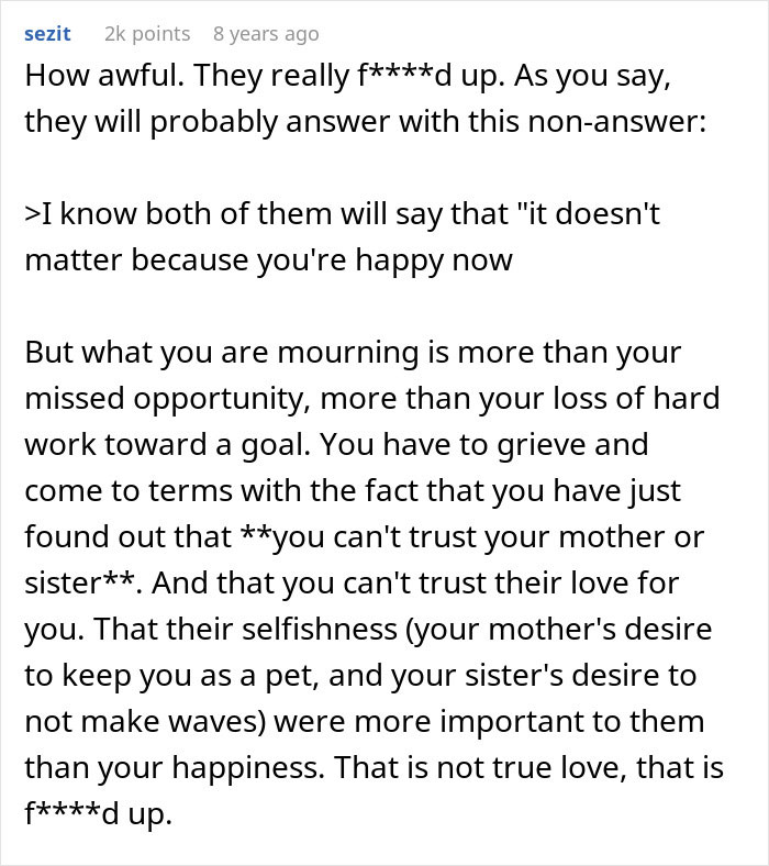 Alt text: Text post discussing a woman learning the truth about why she never got to study abroad and family trust issues. Alt text: Text post discussing a woman learning the truth about why she never got to study abroad and family trust issues.