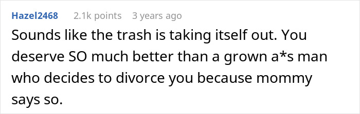 Comment criticizing a husband for asking divorce during wife's IVF, calling him childish and influenced by his mother.
