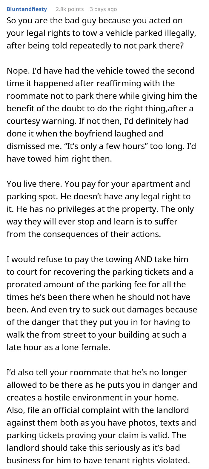 Comment discussing legal rights and consequences for towing a car illegally parked in a woman’s parking spot. Comment discussing legal rights and consequences for towing a car illegally parked in a woman’s parking spot.