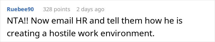 Screenshot of an online comment discussing a workplace issue about a gay man avoiding men's restroom, causing tension with a female colleague.