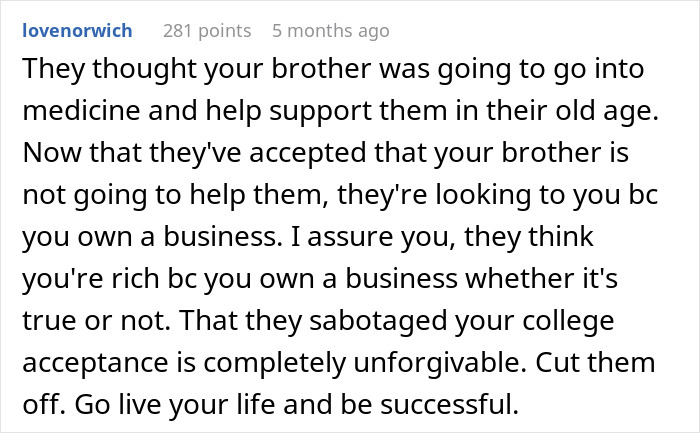 Comment about mom hiding college acceptance letters from least favorite kid and its impact on success.