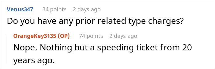 Reddit conversation showing a man proven not guilty but still bearing consequences like a crime charge discussion.