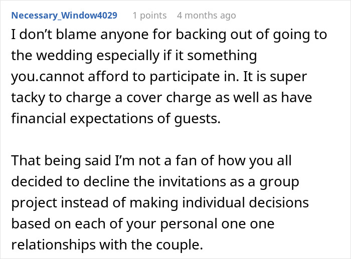 Comment about guests backing out of wedding due to bride demanding money after cheap wedding shower gifts sparked conflict