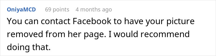 User comment in a forum advising to contact Facebook to remove hijacked pregnancy image from MIL&rsquo;s profile picture.