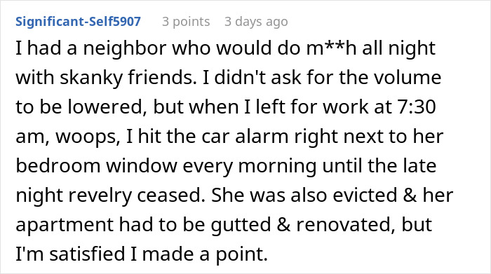 Text post describing a student&rsquo;s petty revenge with a car alarm after neighbor blasted music late at night.