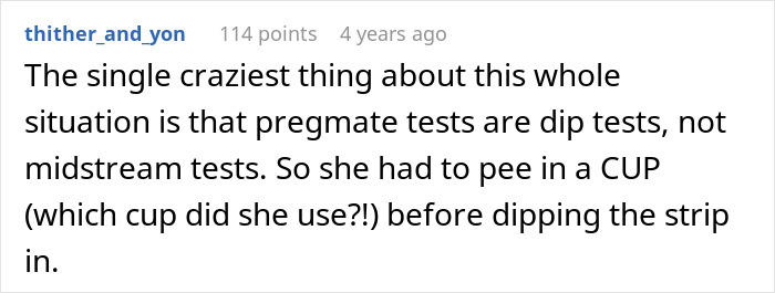 Reddit comment explaining confusion about pregnancy test type and correct usage of dip tests versus midstream tests. Reddit comment explaining confusion about pregnancy test type and correct usage of dip tests versus midstream tests.