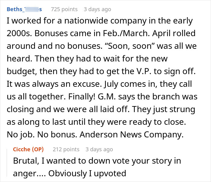 Reddit user shares story about employee frustration over promised raises and bonuses never being rolled out.