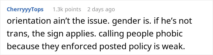 Comment discussing gender issues and restroom policies in relation to safety concerns of a gay man using ladies&rsquo; restroom.