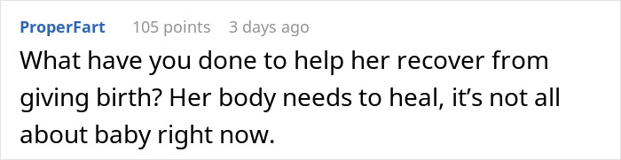 Comment highlighting new mom struggles with baby care and the husband being judgmental after childbirth recovery.