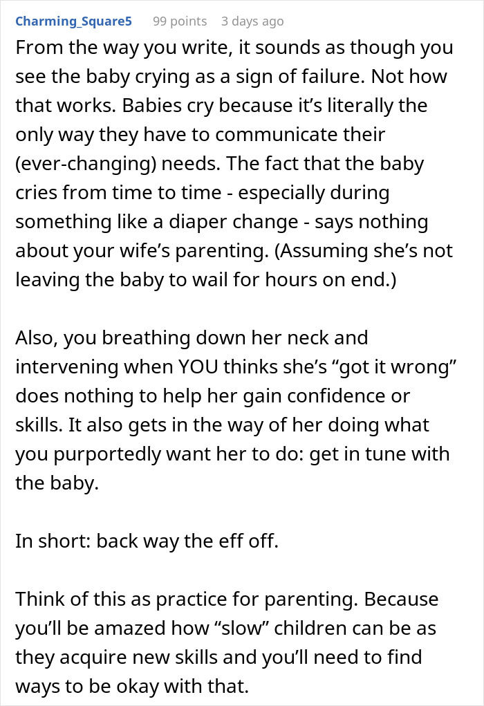 Text excerpt discussing new mom struggles with baby crying and husband&rsquo;s judgment affecting her confidence and parenting skills.