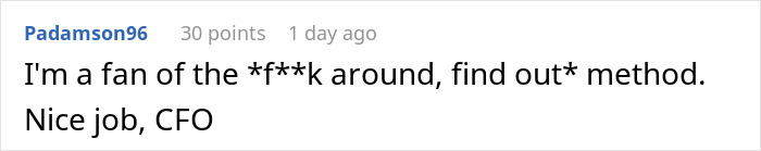 Screenshot of a comment praising the CFO for immediately firing an employee after a body-shaming remark.