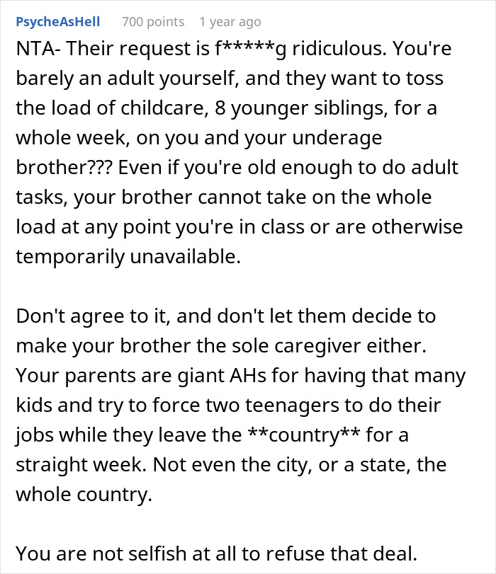 Text post discussing parents and siblings in Austria expecting teenagers to handle extensive babysitting duties for younger siblings during a week-long absence. Text post discussing parents and siblings in Austria expecting teenagers to handle extensive babysitting duties for younger siblings during a week-long absence.