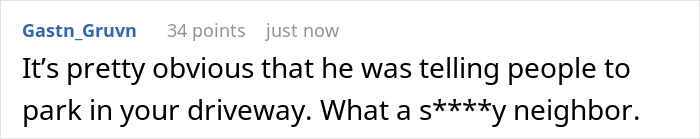 Comment text criticizing a neighbor for repeatedly using a nurse’s driveway after her 12-hour shift, expressing frustration.