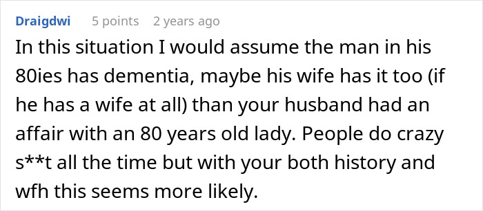 Reddit comment discussing an elderly neighbor confronting a couple about a suspected affair involving the wife.