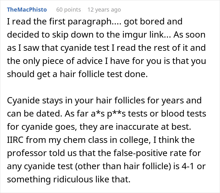 Comment discussing cyanide hair follicle testing and its accuracy in cases where mother poisoned me is suspected.
