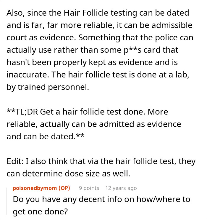 Discussion on hair follicle test reliability and evidence in cases related to mother poisoned me, with dosing info mentioned.