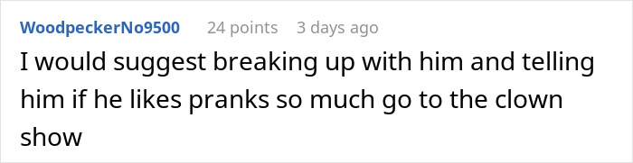 Screenshot of an online comment suggesting to break up with boyfriend who planted a hidden device as a prank.