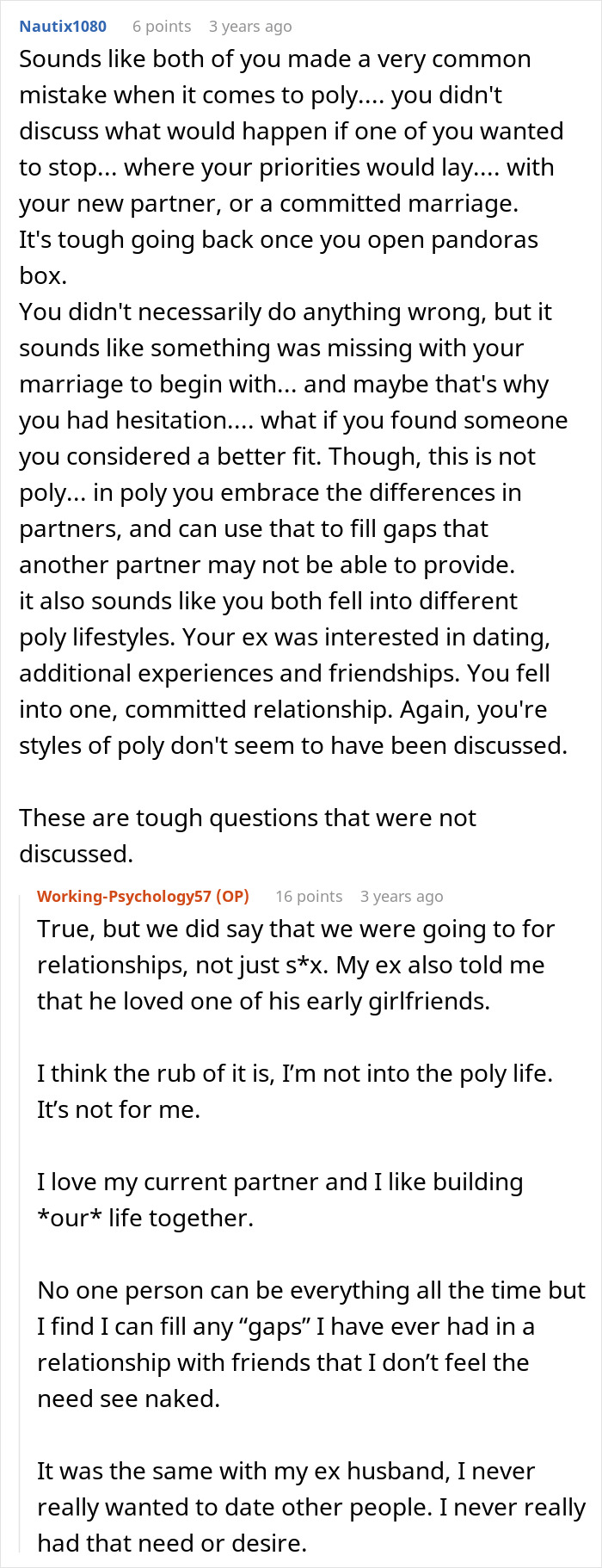 Alt text: Reddit discussion about polyamory, open marriage regrets, and challenges in poly relationships and lifestyles.