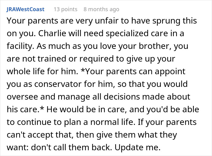 Comment discussing parents expecting son to give up life to care for autistic brother and being unfair after refusal