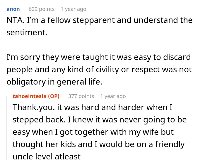 Reddit conversation with stepparent discussing indifference from stepkids and issues around respect and inheritance expectations.