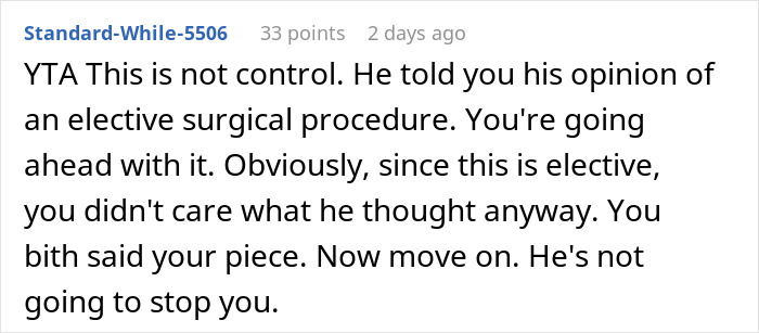Comment text discussing a husband giving a wife an ultimatum over plastic surgery and elective procedures.