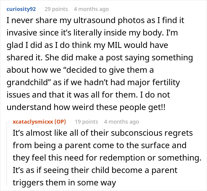 Reddit users discuss MIL hijacking pregnancy by sharing ultrasound photos against the woman's wishes and fertility struggles.