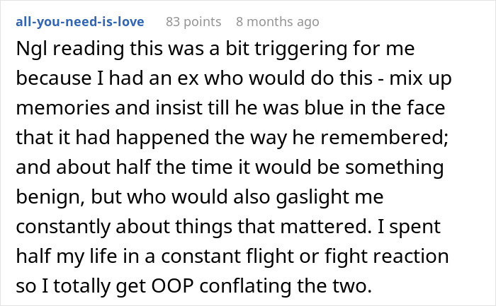 Reddit comment discussing a guy convinced he took an art class with his girlfriend who has no memory of it.