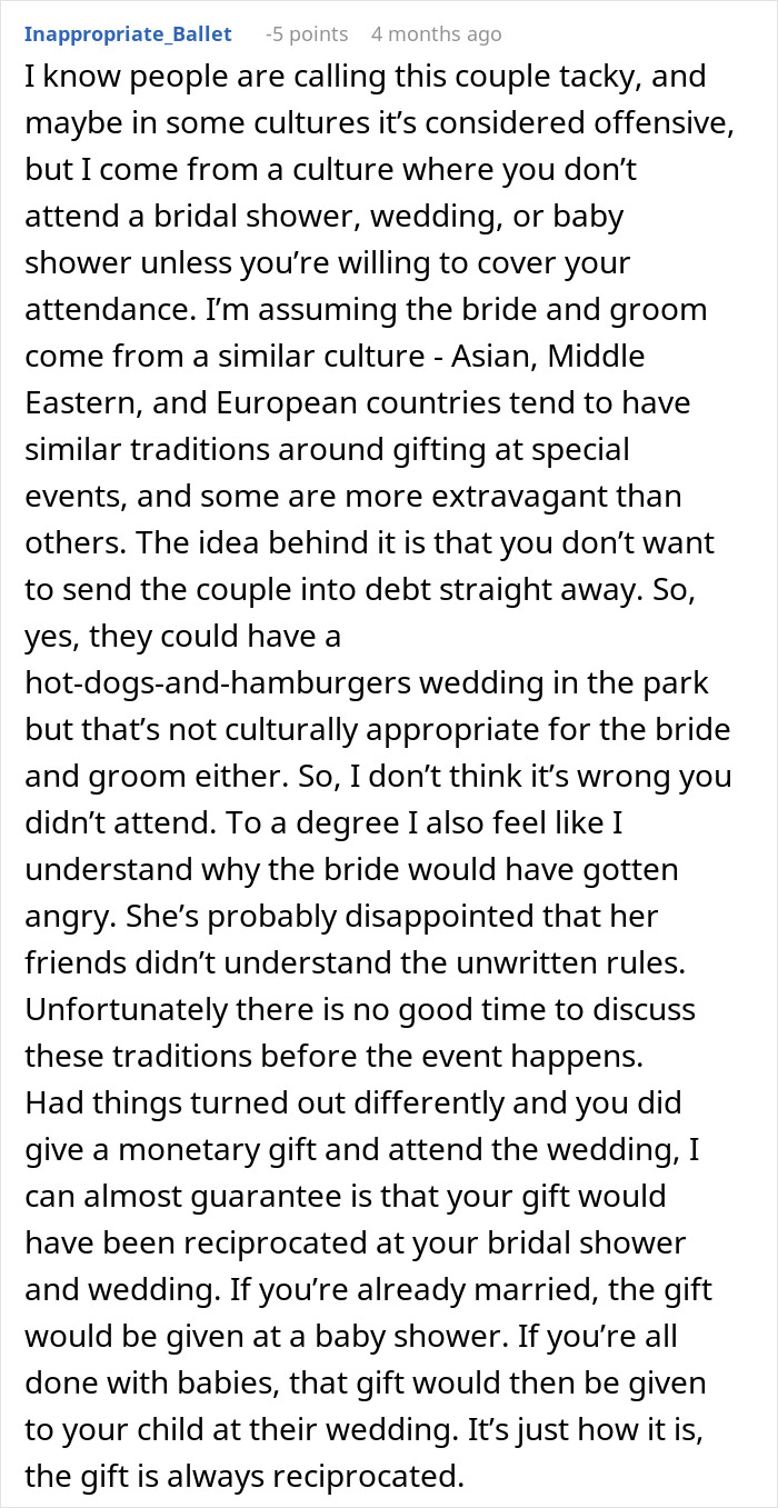 Comment discussing cultural traditions and expectations around wedding shower gifts and bride&rsquo;s reaction to cheap presents.
