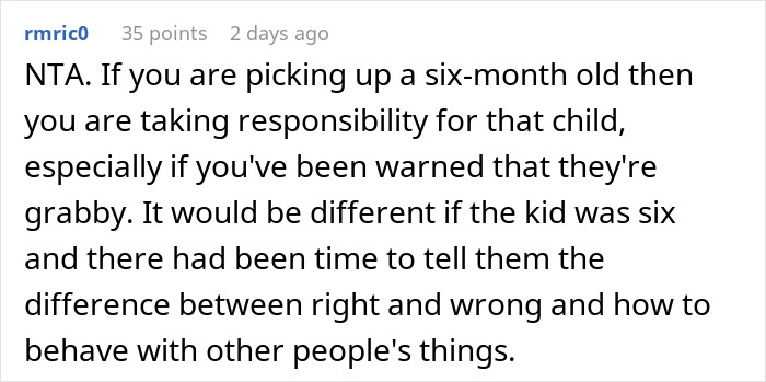 Comment discussing responsibility after baby breaks iPhone and Gucci sunglasses, refusal to pay &pound;2,300 debated.