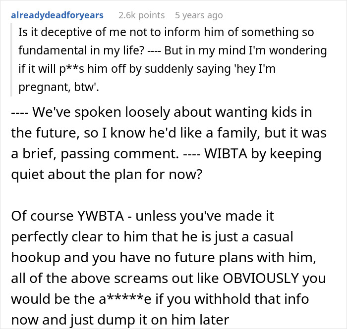Commenter debating hiding artificial insemination plans from date, unsure about revealing pregnancy and family intentions.