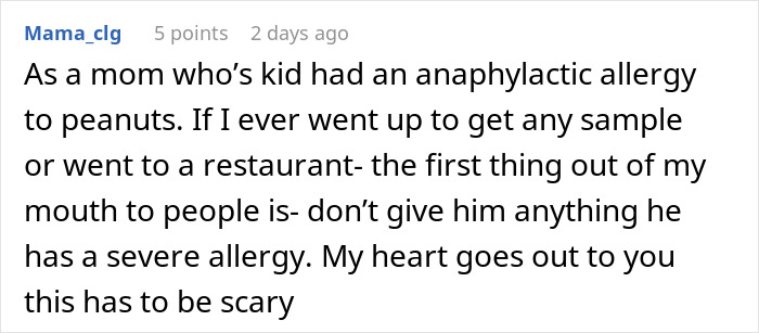 Comment from a mom describing the fear of a kid with a nut allergy grabbing a sample and the risk of an allergic reaction. Comment from a mom describing the fear of a kid with a nut allergy grabbing a sample and the risk of an allergic reaction.