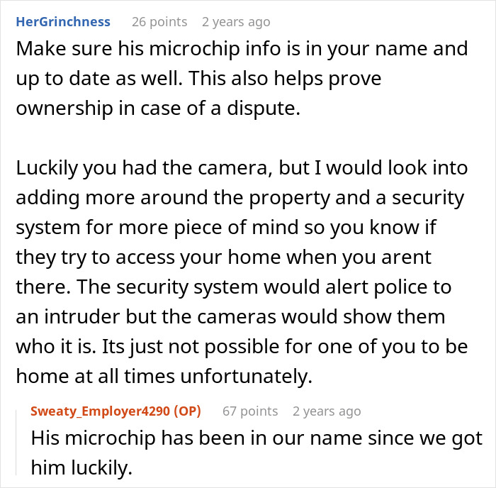 Discussion about dog microchip ownership and security measures after woman leaves dog in shelter and police get involved.