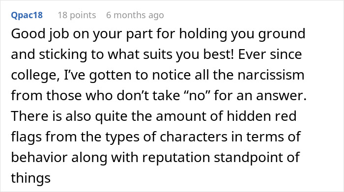 Comment text on a digital screen discussing holding ground and noticing narcissism from people who don&rsquo;t take no for an answer.
