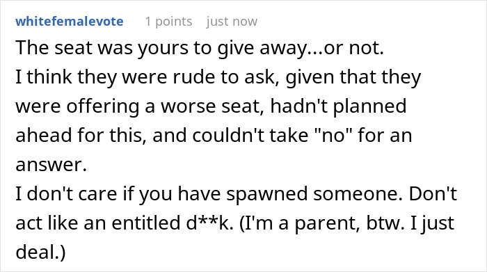 Screenshot of a forum comment discussing a family confronting a passenger over a paid seat refusal during a journey.