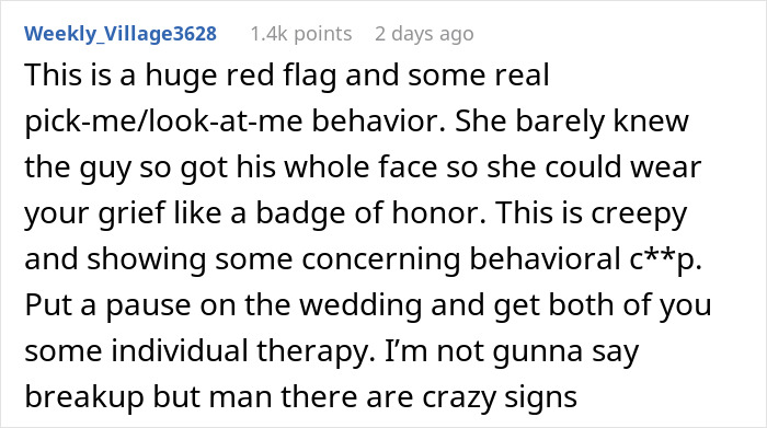 Comment discussing red flags after fiancée gets tattoo of late brother’s face, suggesting therapy before wedding. Comment discussing red flags after fiancée gets tattoo of late brother’s face, suggesting therapy before wedding.
