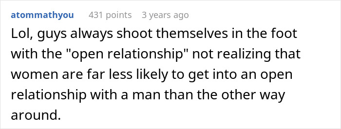 Comment on open marriage dynamics, highlighting men's reactions when partners sleep with other people in open relationships.