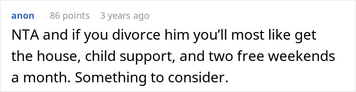 Screenshot of an online comment discussing renting out a man cave after husband refuses to work or help out.