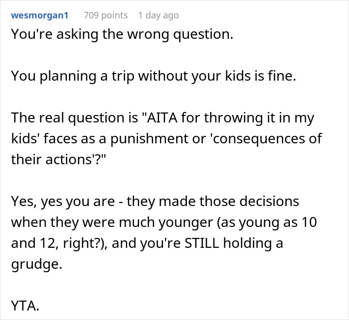 Screenshot of a social media comment discussing a dad refusing a Europe trip over teens choosing ex over him.